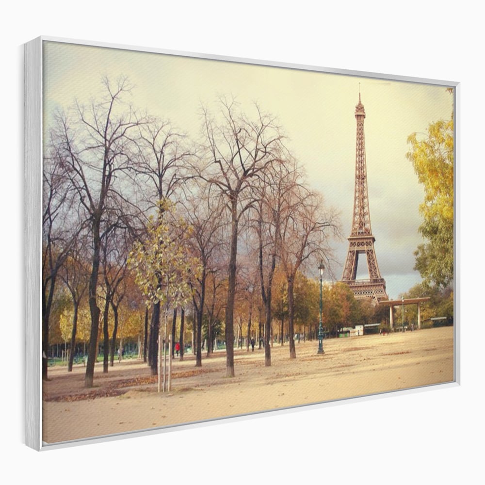 Tablou canvas cu tablou canvas cu turnul eiffel toamna, in rama de aluminiu argintiu